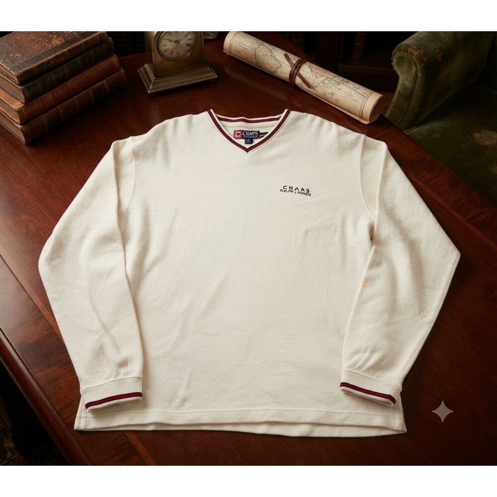 Vntg 90s Chaps Ralph Lauren Mens M Waffle Knit Sweater V‑Neck Pullover Old Money